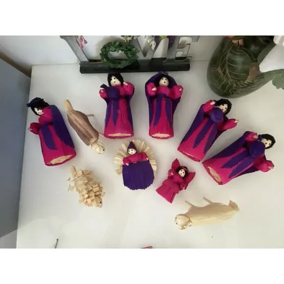 10 Piece Handmade Vtg Christmas Nativity Set Corn Husk 5" Dolls Roatan Honduras - Picture 13 of 16